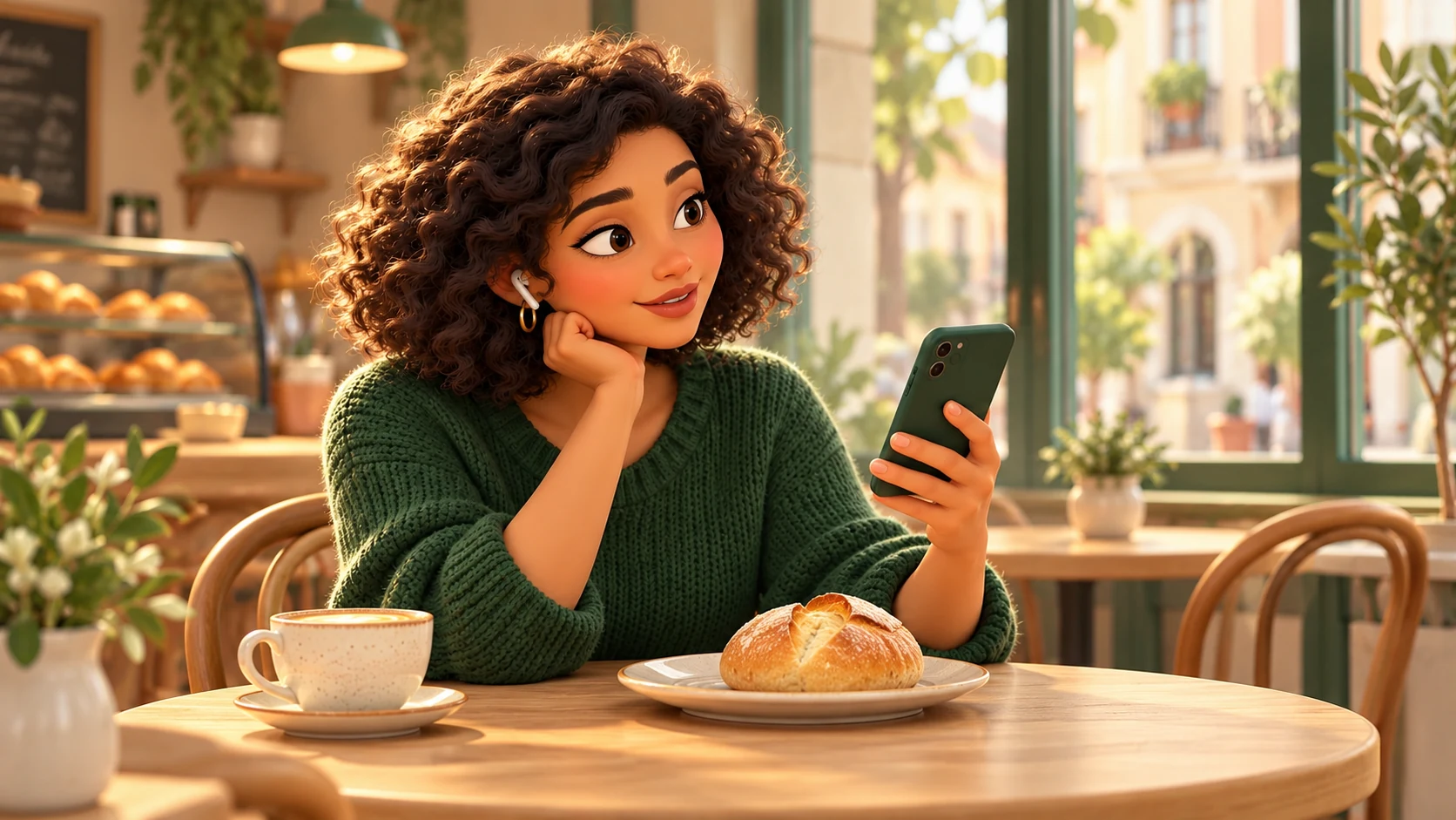 A woman in a green sweater listens with an earbud at a bakery table, with a bread roll on a plate in front of her.