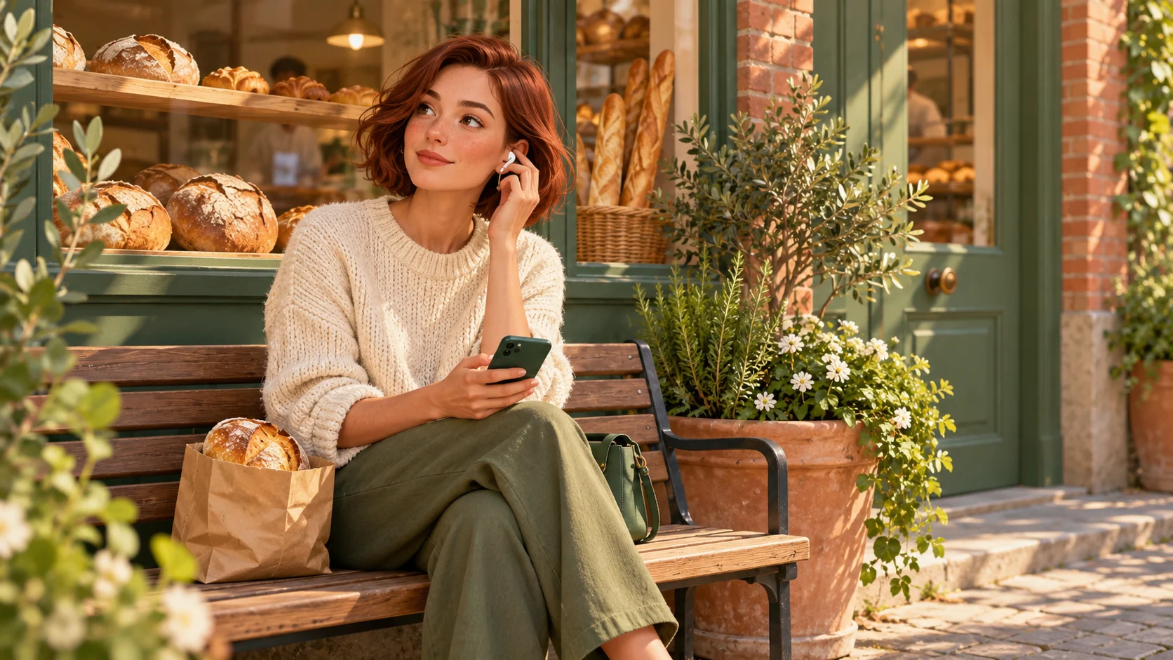 A woman with an earbud listens to her phone on a bench outside a bakery, with a bag of bread beside her.