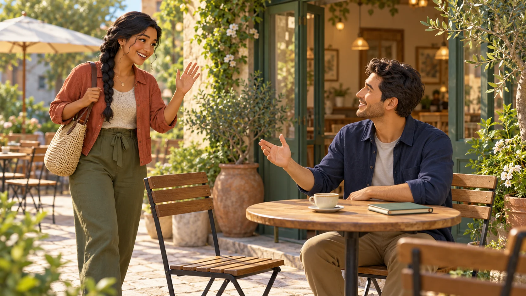 A woman arriving at an outdoor cafe waves to her seated friend.