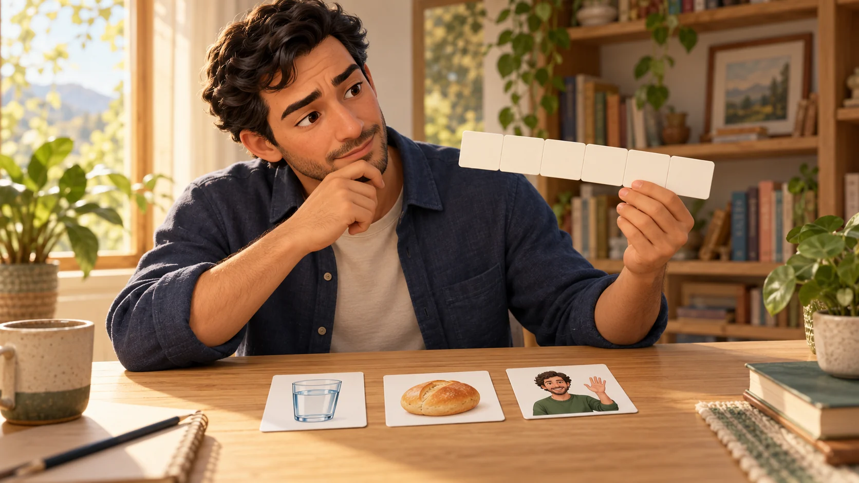 A learner considers a strip of blank word tiles beside picture cards for water, bread and a friend.