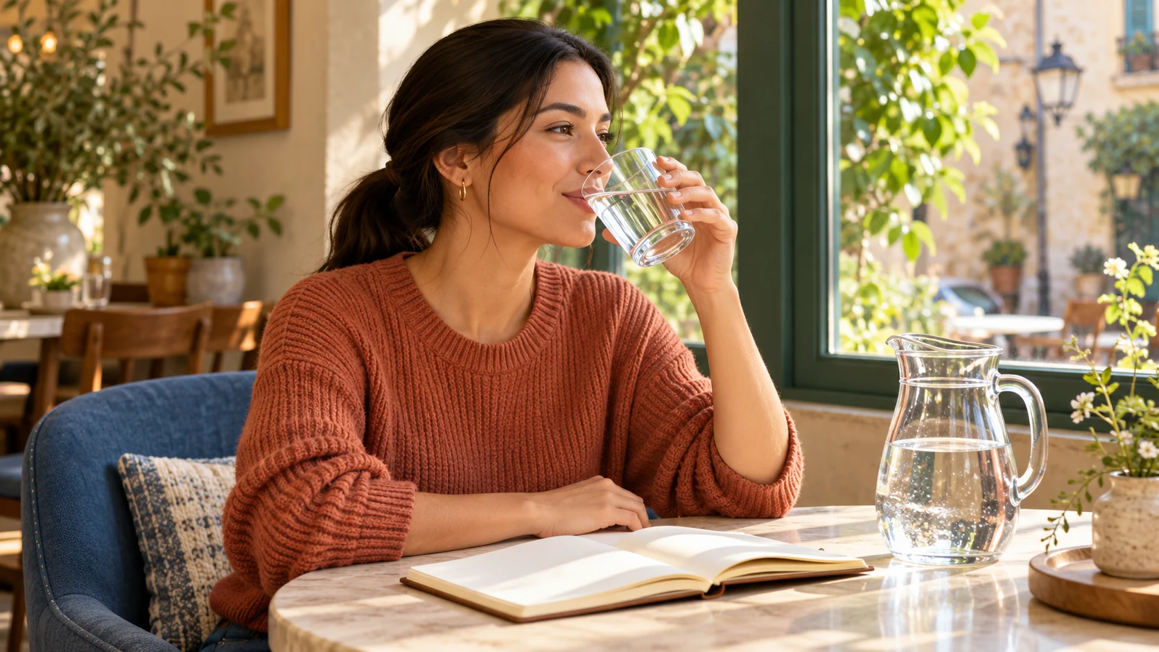 A woman takes a sip from a clear glass of water beside a cafe window, with a water jug on the table.