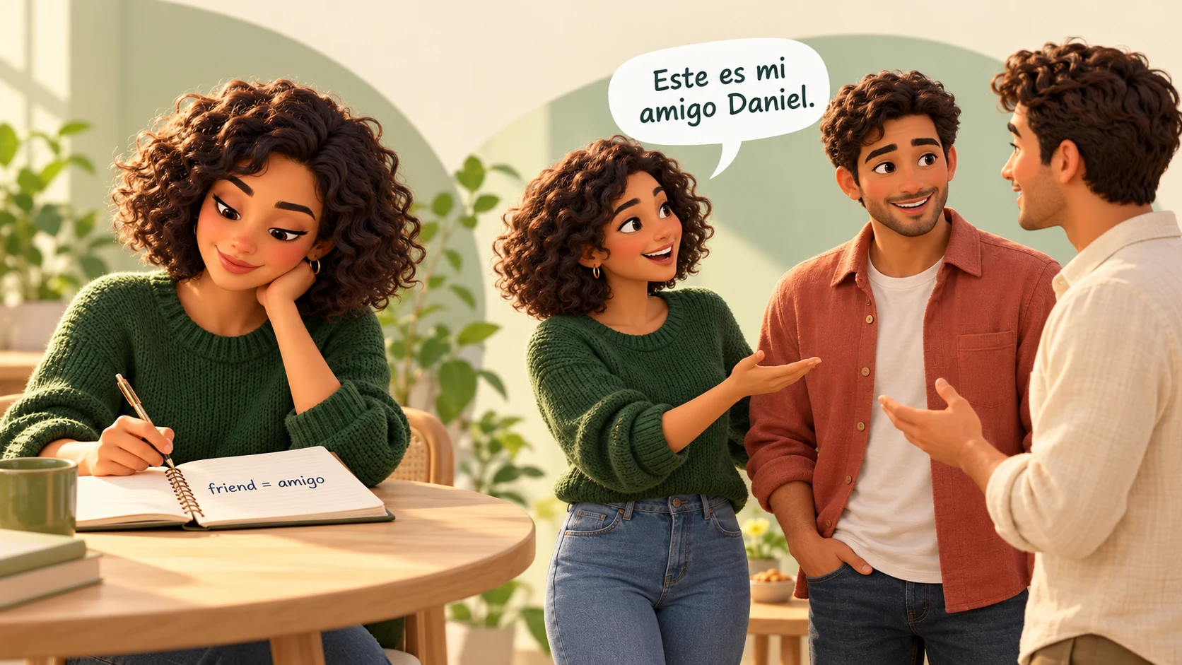 A learner studies friend = amigo, then introduces Daniel to another person.