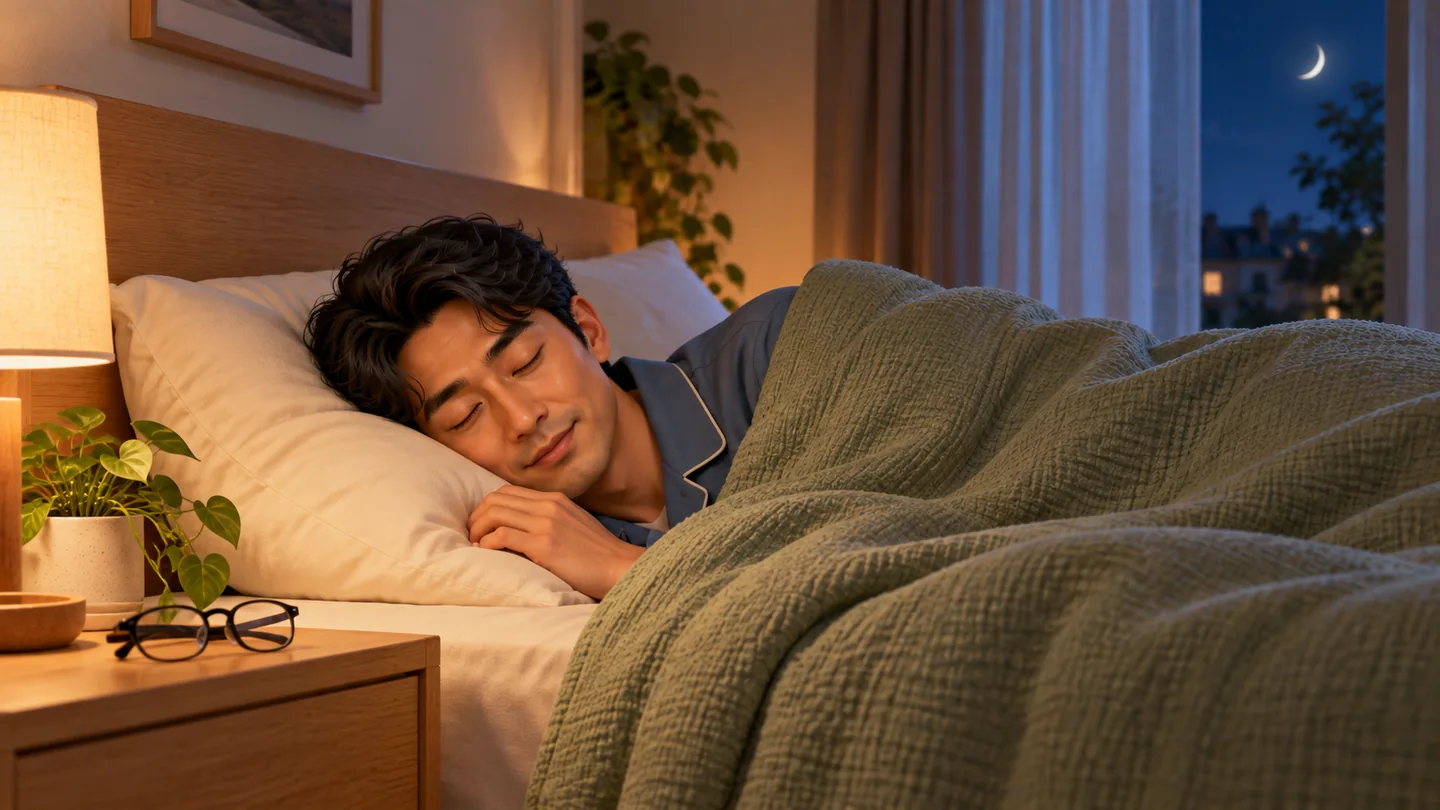 The learner sleeps under a sage blanket, with his glasses on the bedside table.
