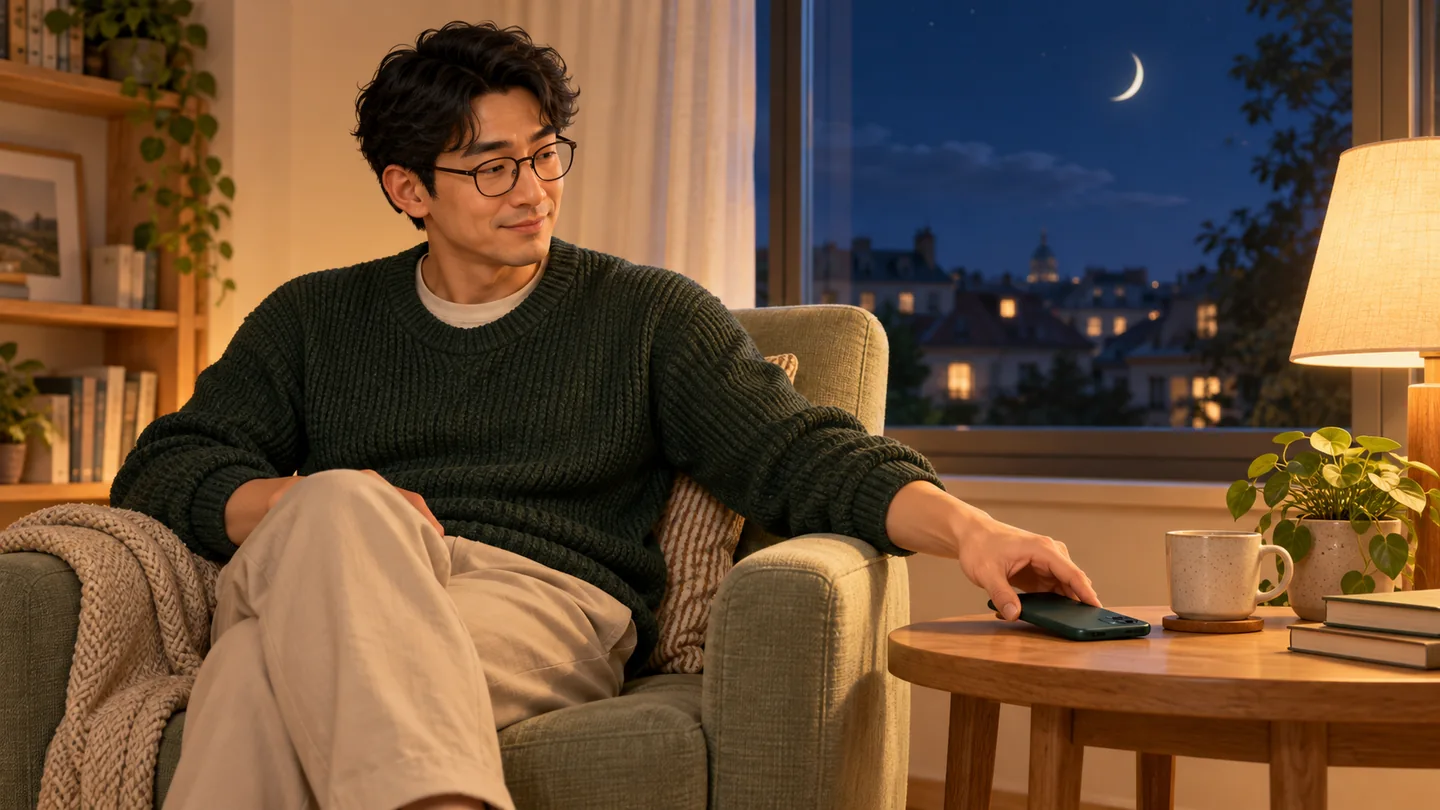 A learner puts his phone face down on a side table beside a window at night.