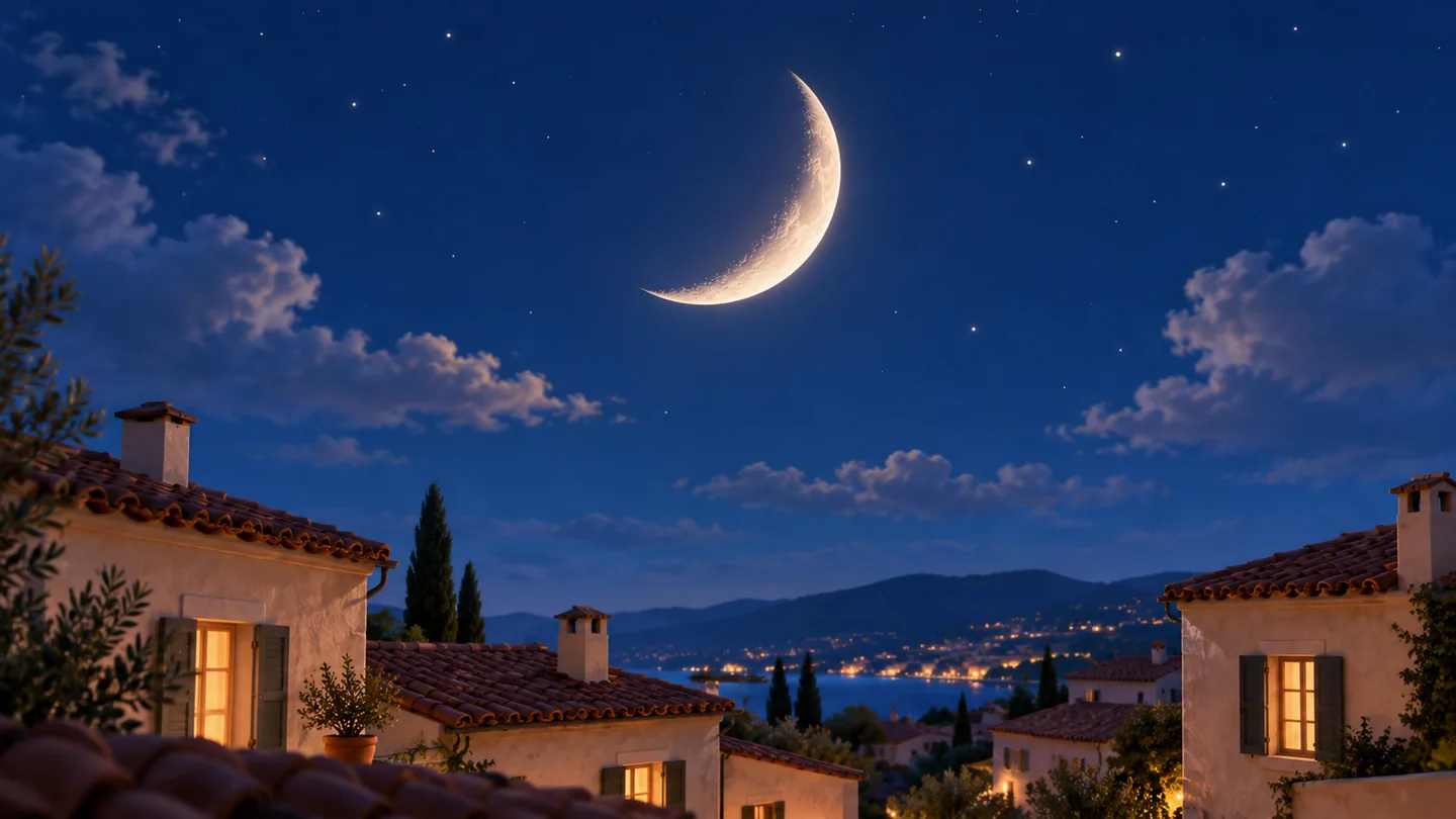 A bright crescent moon shines above quiet rooftops in a blue night sky.
