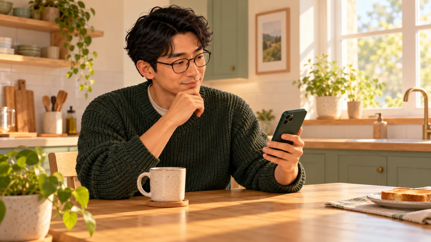 The learner looks thoughtfully at his phone during a vocabulary review at a sunny breakfast table.