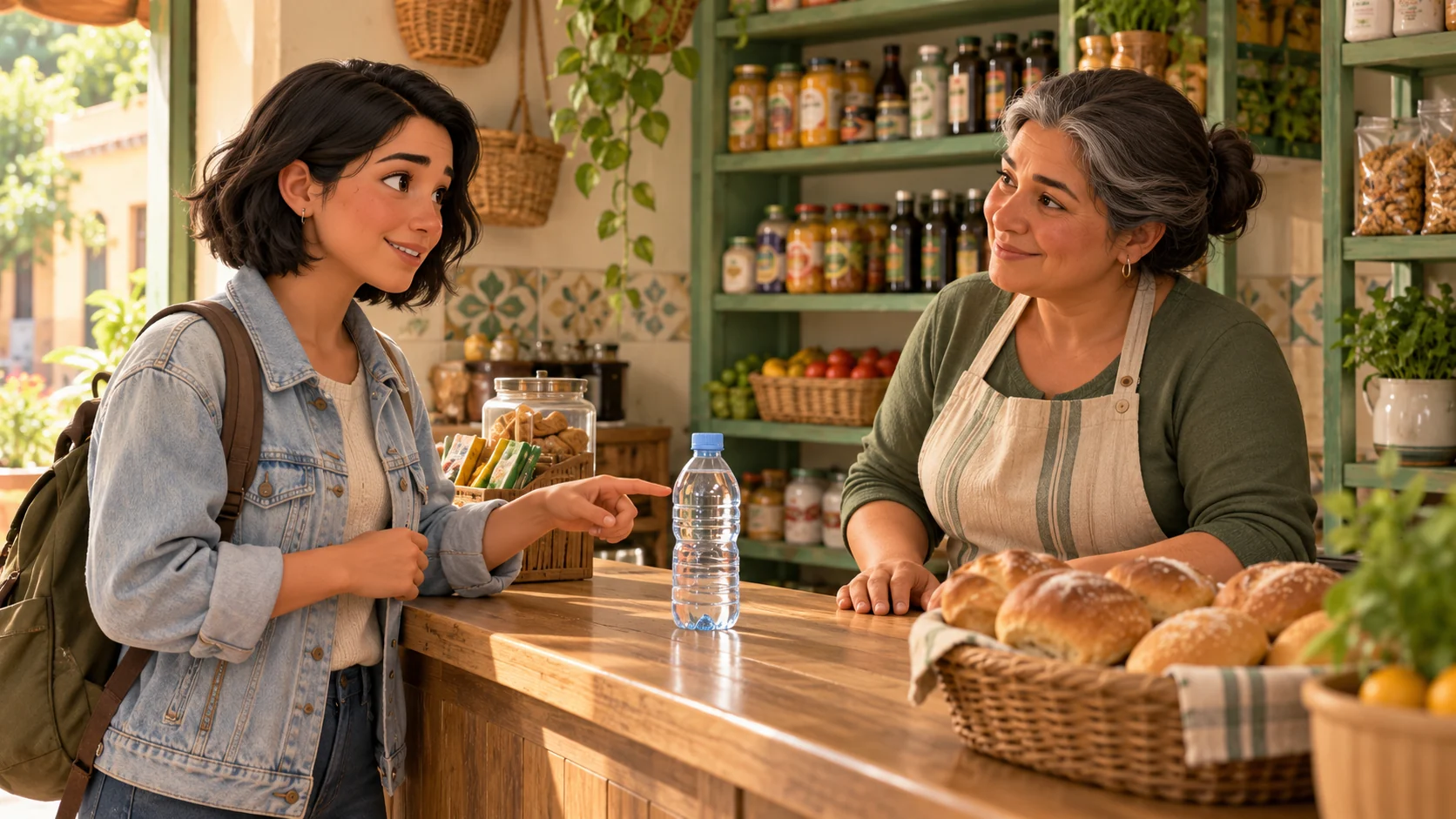 A learner asks a friendly shopkeeper for a bottle of water at a small shop.