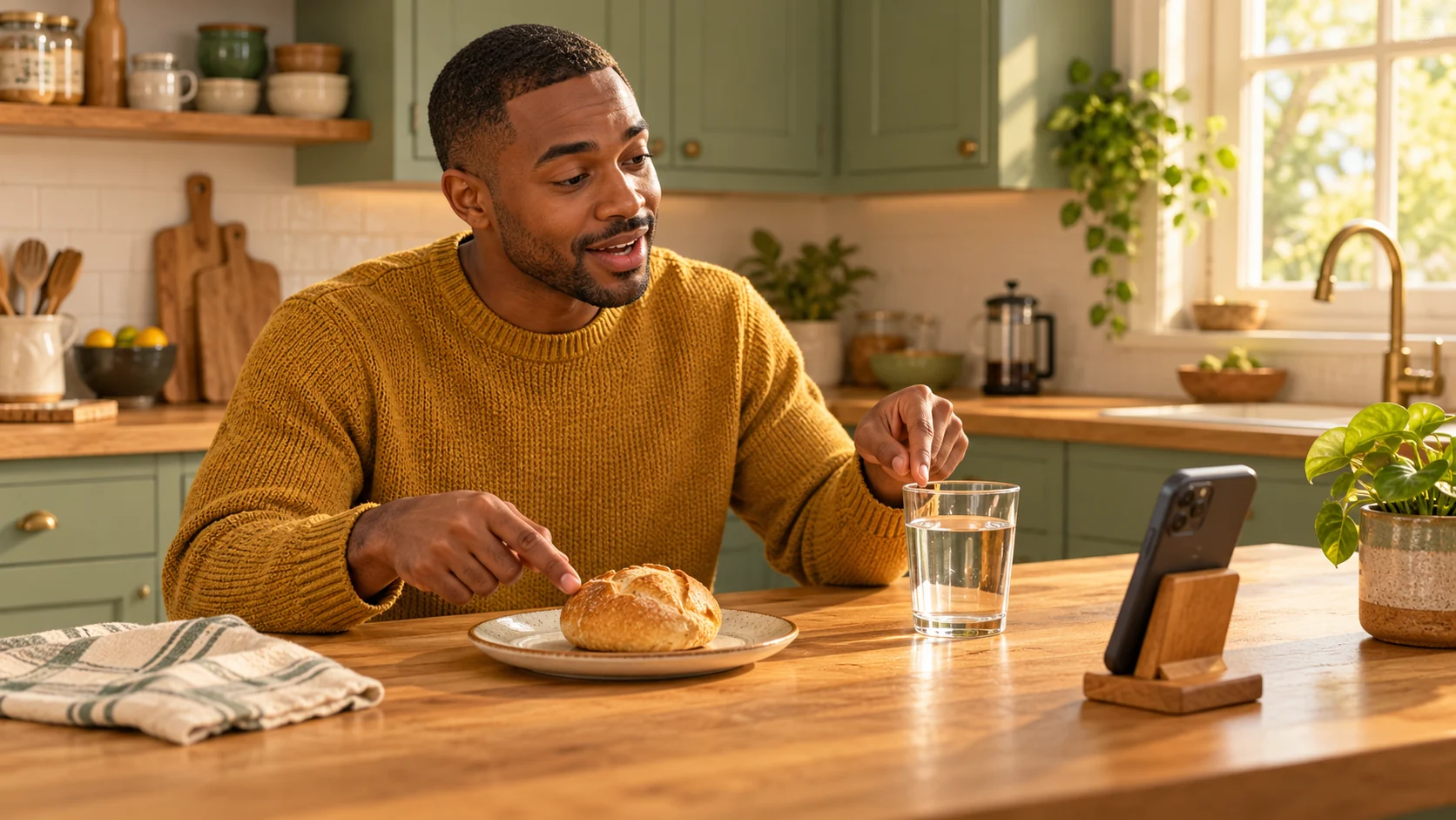 A man practises a phrase with his phone at a kitchen counter, with a glass of water and a bread roll beside him.