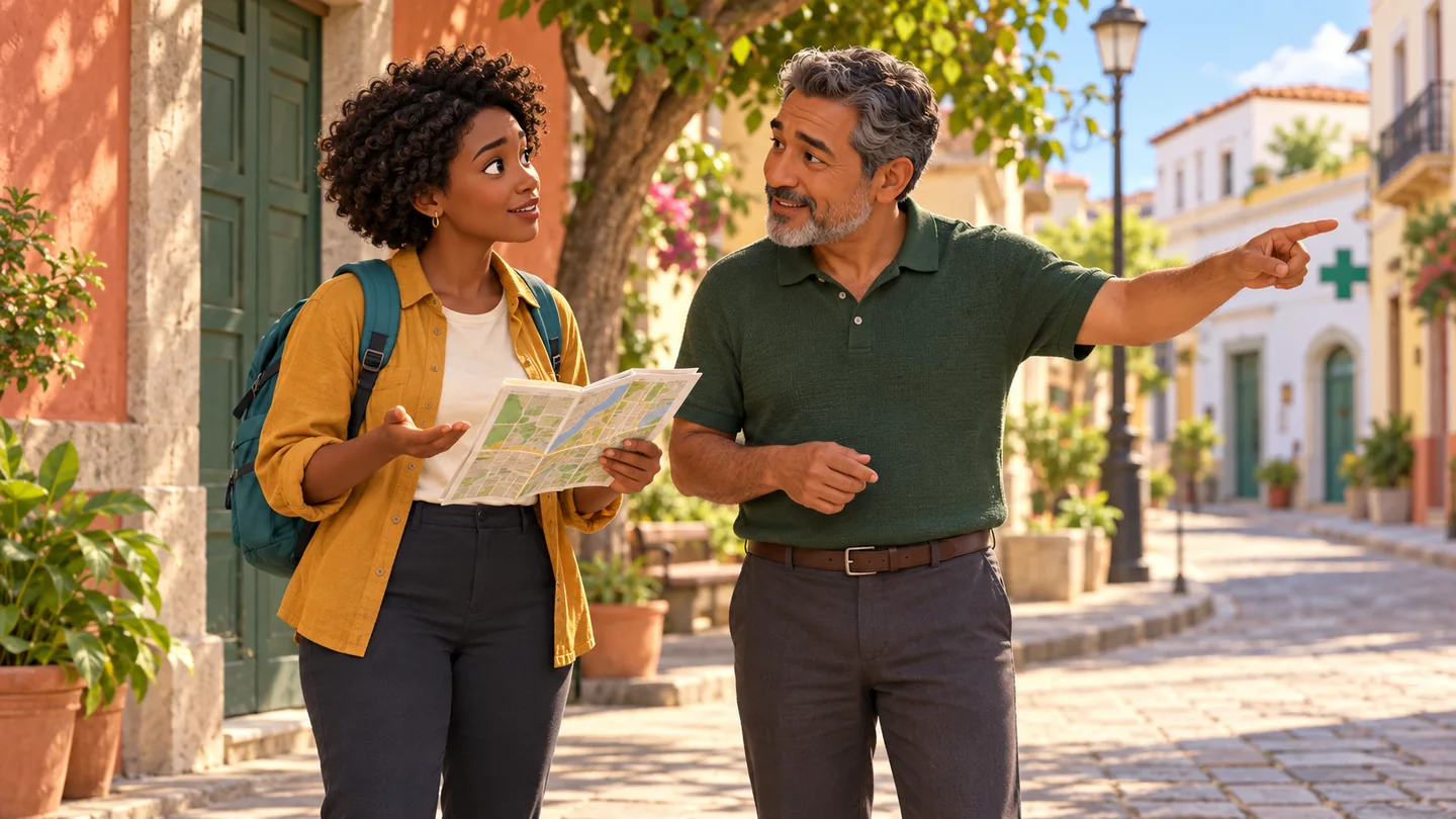 A traveler holding a street map talks with a local who points toward a pharmacy.