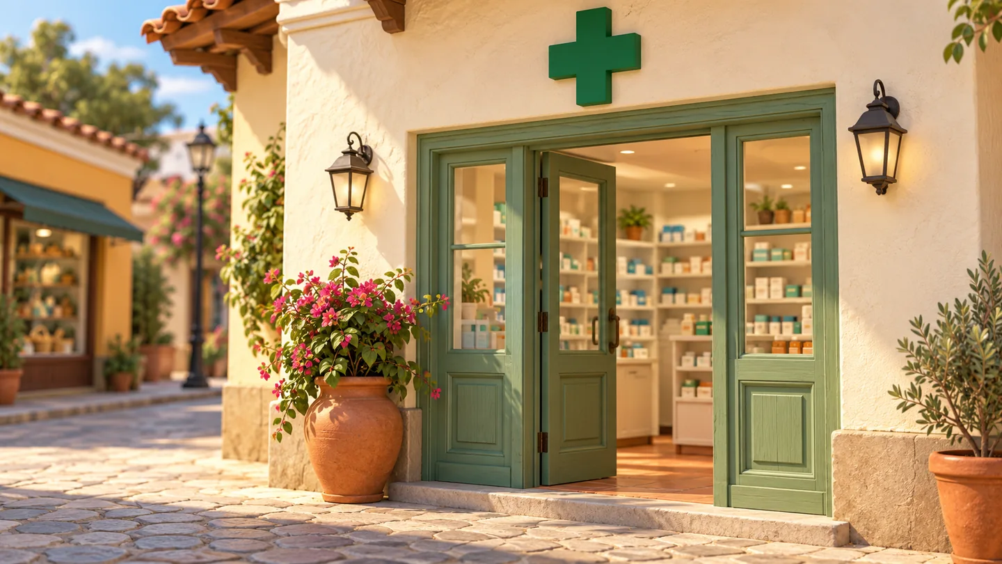 A small pharmacy with a sage-green doorway and a green plus sign above the entrance.
