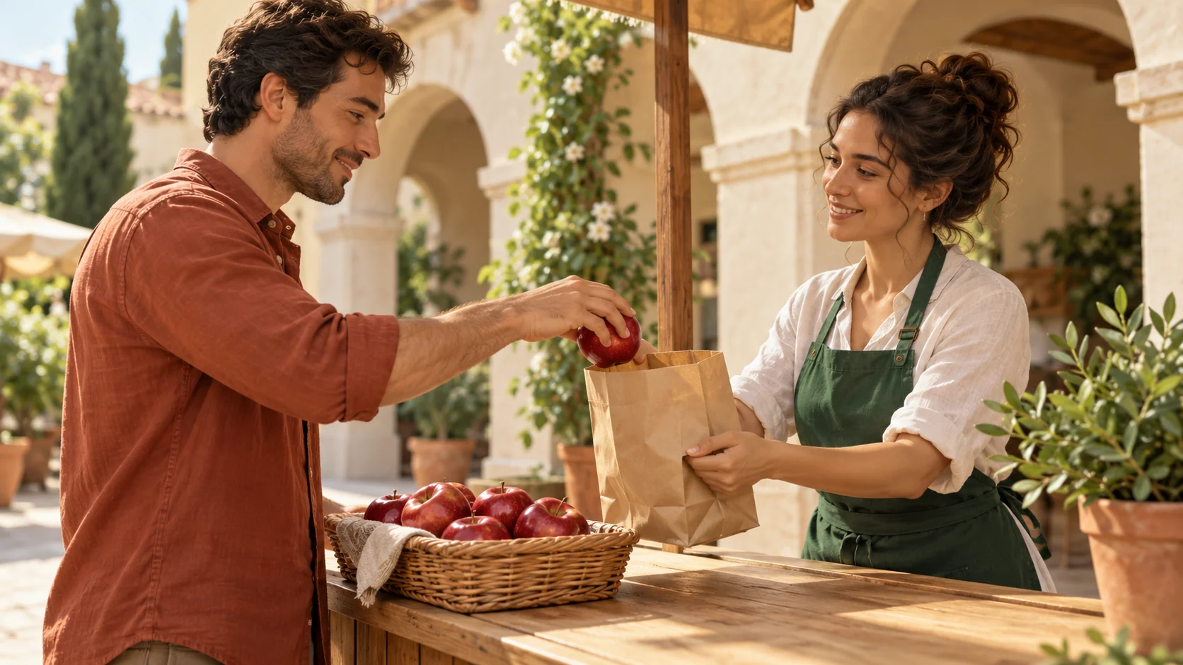 A customer puts a red apple into a paper bag held open by a market stallholder.
