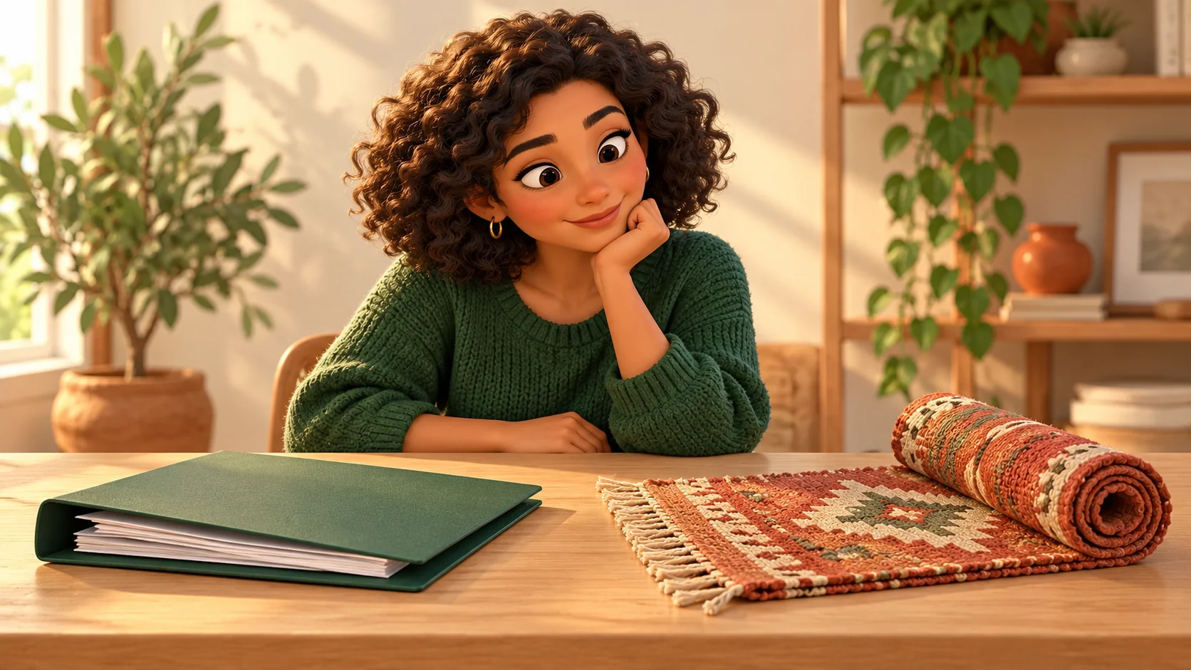 A learner considers a green document folder and a partly rolled terracotta rug on a table.