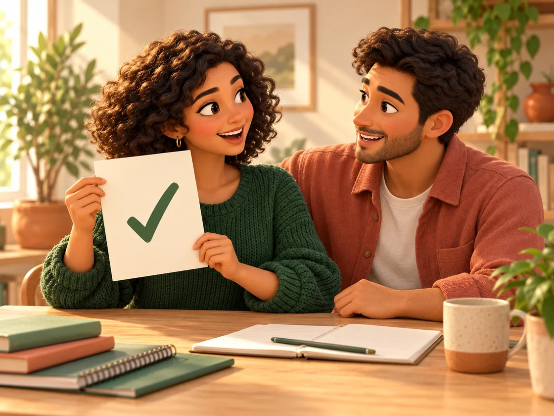 A woman celebrates a good result with a smiling friend, holding a paper marked with a green check.