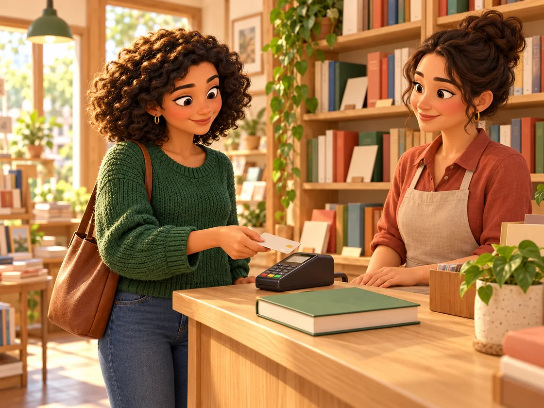 A customer buys a book at a bookshop counter, with shelves and small price tags behind her.