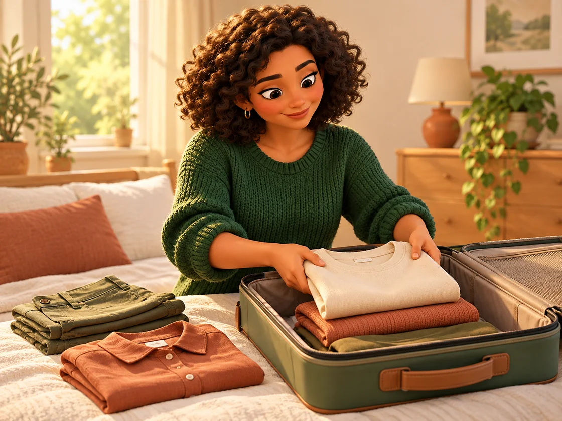 A woman folds a shirt into an open suitcase with other clothes beside it.