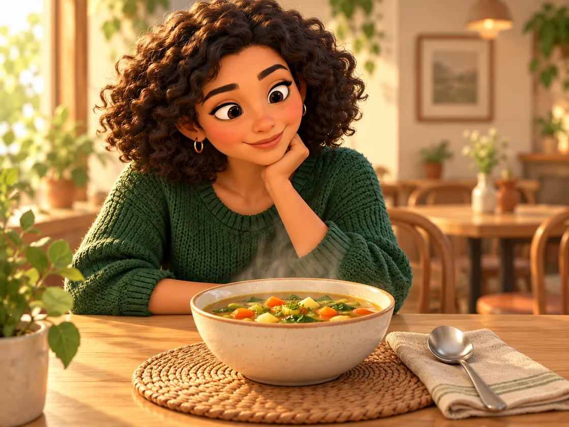 A woman at a cafe looks at a steaming bowl of vegetable soup with a spoon beside it.