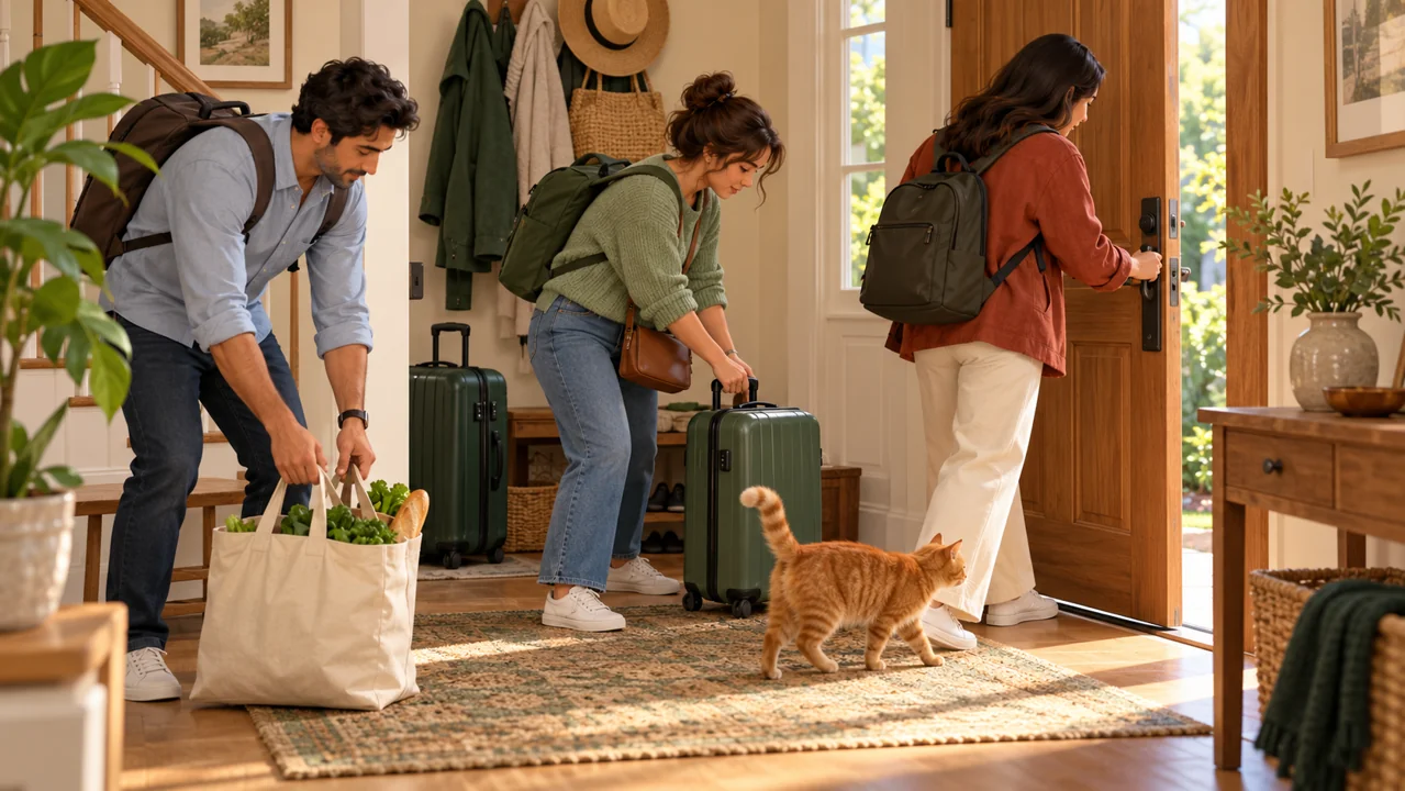 Three adults handle luggage and bags near a door while a cat walks past.
