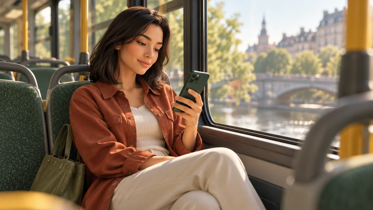 An adult watches a lesson on her phone while sitting by the window on a bus.