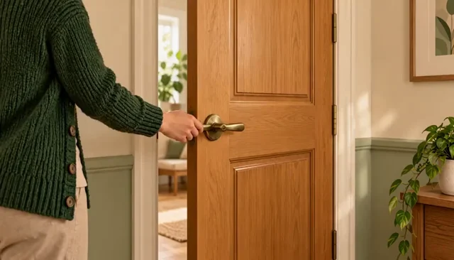 A slightly open door with a hand on its handle.
