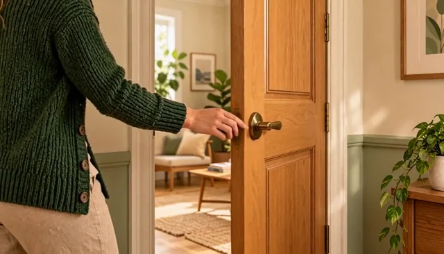 The person moves the door farther open.