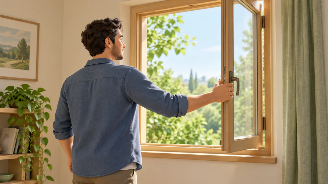 A person opens a window to let in fresh air.