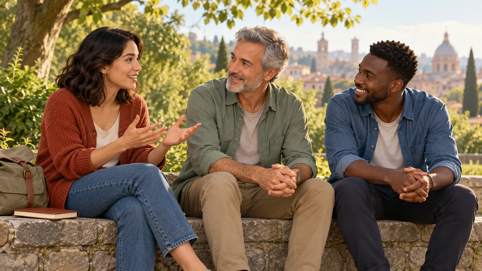 Three friends talk together on a stone wall in a leafy park.
