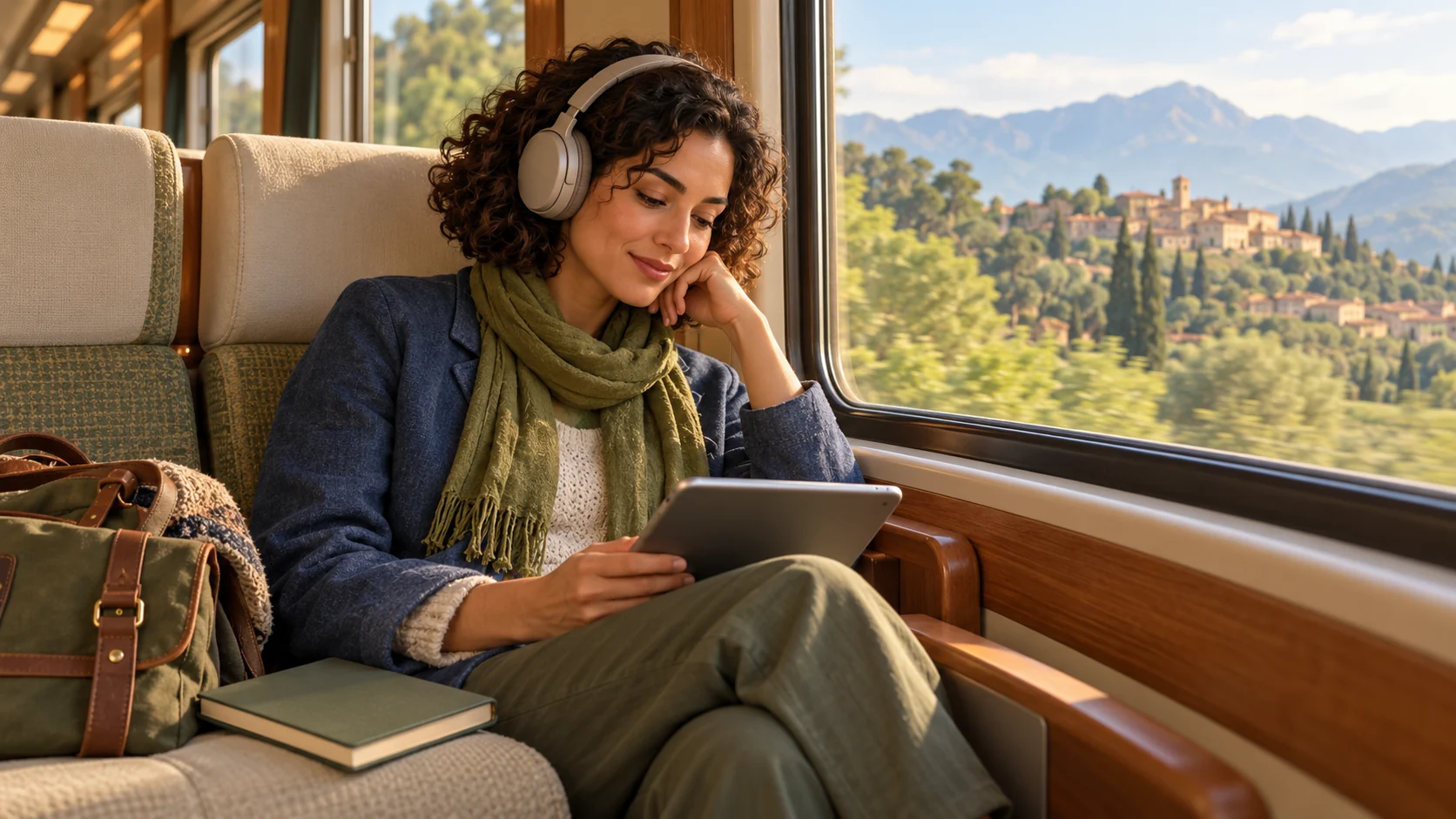 A woman listens through headphones while using a tablet beside a train window.